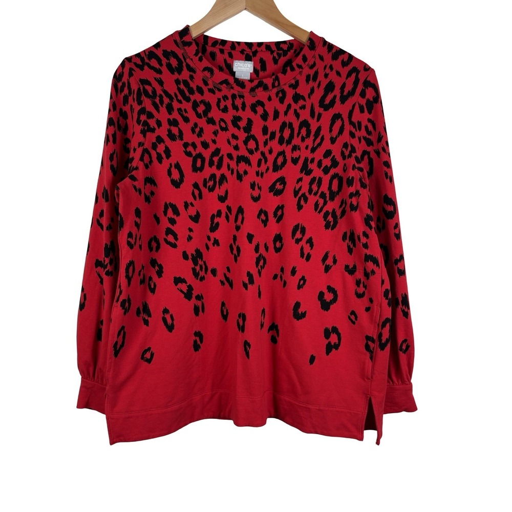 CHICO'S Zenergy Top Size 1 US 8/10 Red Black Cheetah Long‎ Sleeve w/ Pockets